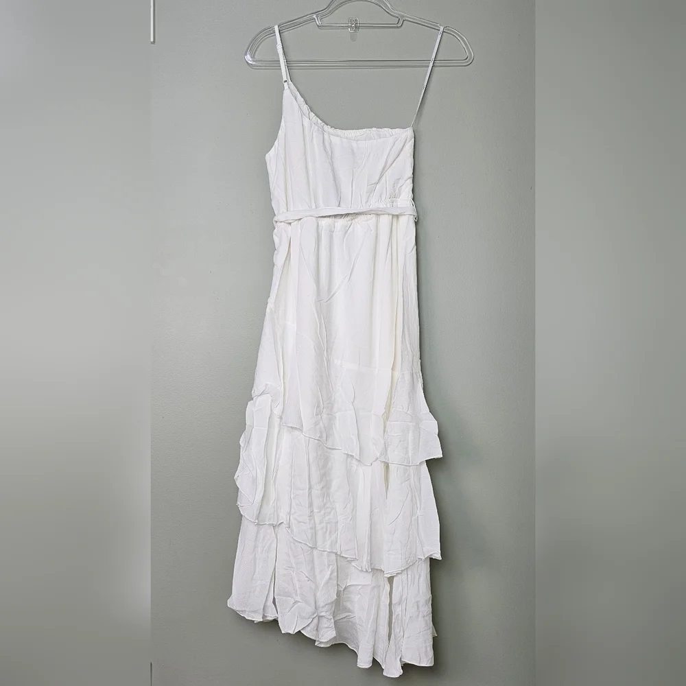 Lulus Slice Of Sunshine White One-Shoulder Asymmetrical Tiered Midi Dress, SMALL